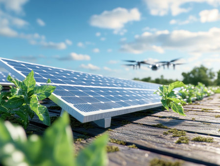 Step into the future at our AI-powered solar farm, where automated drones ensure peak efficiency Experience optimized, clean energy production seamlessly integrated with advanced technology Witness the sustainable revolution as innovation drives us towards a greener tomorrow This farm is revolutionizing solar! AI Generativeの素材