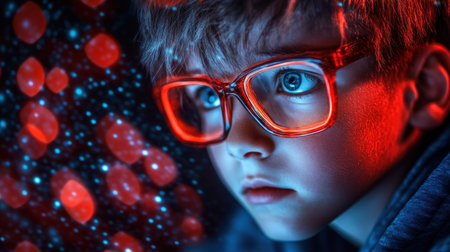 Enter a cyberpunk world where education is redefined A student, bathed in neon glow, is absorbed in a floating digital screen displaying their online degree This captivating image embodies the future of immersive e-learning, blurring reality and virtuality Witness the fusion of technology and education as this student passionately embraces AI Generativeの素材