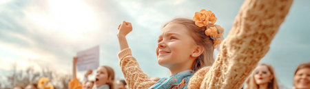 Fueled by hope and resilience, young activists march for human rights, raising hands in powerful solidarity This image embodies their unwavering commitment to justice and equality, demanding a brighter future Their collective voice inspires global action, urging support for a world where human rights are universally respected Join the movement AI Generativeの素材