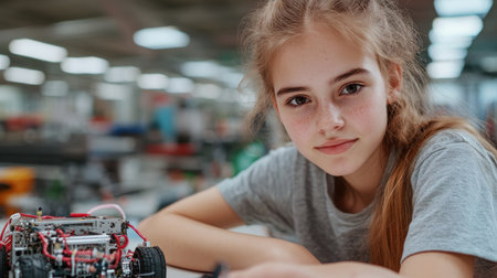 A teenage girl passionately builds a robotic car in a dynamic science class This vibrant image highlights her ingenuity and the importance of hands-on STEM learning Witness critical thinking and problem-solving skills blossom in a collaborative environment, inspiring the next generation of female engineers and scientists through engaging robotics integration AI Generativeの素材