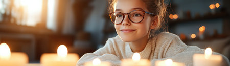 Bathed in candlelight, a young girl with glasses embodies budding entrepreneurial spirit in her cozy home office She's a future remote worker, imagination flourishing as she dreams of innovative projects The warm ambiance evokes a sense of calming escape and boundless creativity, capturing the innocence and limitless possibilities of a AI Generativeの素材