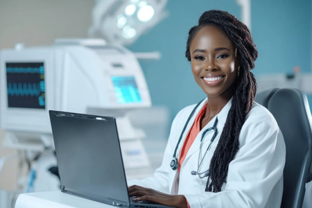 A confident female scientist pioneers medical breakthroughs using her laptop, driving healthcare innovation Her dedication, expertise, and rigorous data analysis promise cutting-edge treatments and advancements This image symbolizes the vital role of women in shaping future medicine, revolutionizing patient outcomes and saving lives through scientific progress AI Generativeの素材