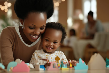 A joyful African child thrives with colorful toys, supported by a loving mother and dedicated teacher Their smiles reflect a nurturing environment fostering early learning and development This image captures the beautiful bond between them, symbolizing growth and a brighter future shaped through play and dedicated education AI Generativeの素材