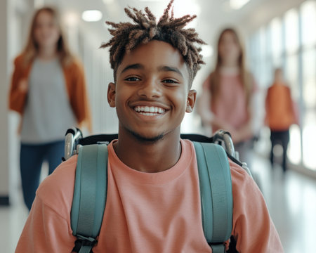 Capture the essence of inclusive education with an image showcasing diverse students assisting a friend in a wheelchair within a modern school This scene promotes accessibility, disability awareness, and equality, fostering collaborative learning and future leadership It celebrates friendship, inclusivity, and diversity, inspiring empathy and respect for all, ultimately building AI Generativeの素材