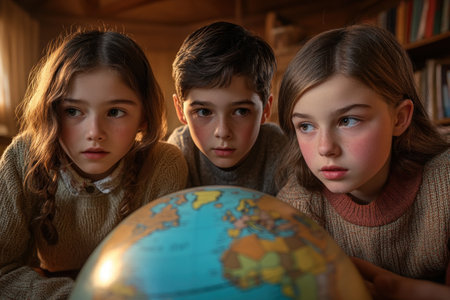 Inspire global awareness with this captivating library image of a teacher and students exploring a world globe Perfect for educational materials, it illustrates learning, geography, and collaborative discovery The image, showcasing children, teachers, and a world globe embodies knowledge and exploration, promoting the world education concept and symbolizing a bright AI Generativeの素材
