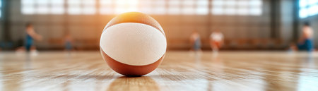 Capture the energy of youth fitness in a bright gymnasium Witness active teenagers playing basketball on gleaming wooden floors, embodying teamwork and health in action This vibrant scene showcases exercise, competitive spirit, and collaborative skills fostered through sports education and various gym activities A perfect representation of physical wellbeing in AI Generativeの素材