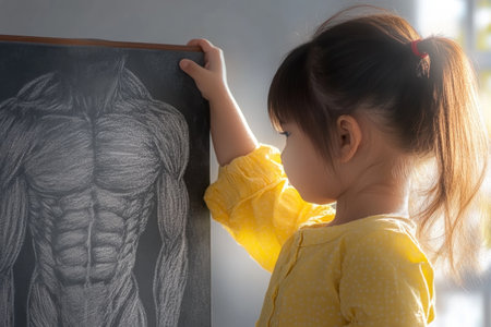 This heartwarming image captures a child's vibrant imagination and aspiration A young girl stands proudly before a chalkboard adorned with chalk-drawn muscular arms, embodying her playful vision of strength Perfect for illustrating childhood development, artistic expression, and early goal formation, this photograph explores youthful ambition and the beauty of creative AI Generativeの素材