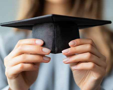 Celebrate academic success with this image of a graduation cap in hands! Symbolizing online education achievements and the culmination of dedicated learning, it's perfect for promoting online courses and educational programs Capture the spirit of graduation day and inspire your audience with this visual representation of a bright future fueled AI Generativeの素材