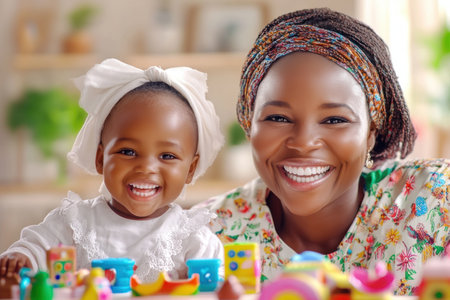 A joyful African child learns and plays with colorful toys, guided by a loving mother and supportive teacher Their genuine smiles reflect a nurturing environment fostering early childhood development This heartwarming scene captures the essence of happy childhood, highlighting the power of engaging learning resources and the beautiful bond between AI Generativeの素材
