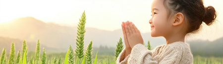 A young girl praying for nature embodies the spirit of World Environment Day This image highlights sustainability and eco-awareness, urging us to protect our planet for future generations Let's nurture nature, foster eco-consciousness, and inspire children's involvement in creating a sustainable and harmonious earth, showcasing a green world for their AI Generativeの素材