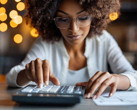 A businesswoman analyzes financial data using calculators, growth analyses, and strategic planning to drive company growth Explore data-driven insights, projections, and economic indicators to boost performance An investment management professional works on projections, charts, graphs, and data analysis, developing smart strategies for business development and financial success AI Generativeの素材