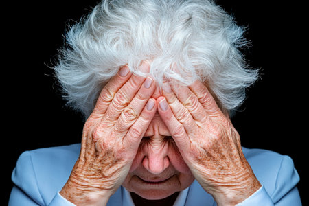 This stock photo captures the raw exhaustion of a senior businesswoman battling a migraine, a consequence of overwork and career pressures It powerfully portrays burnout, highlighting the impact of demanding workplaces on the mental and physical health of older professionals Use this image to expose the realities of stress and AI Generativeの素材