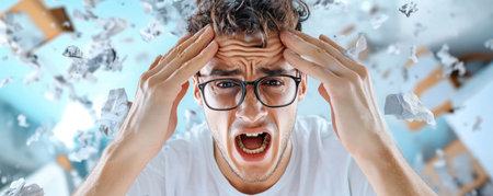 Visualize a man at home, battling a debilitating migraine, dizziness, and surging blood pressure This image captures the intense struggle of chronic pain and its impact on daily life It highlights the stress and health challenges faced by those with debilitating symptoms, emphasizing the urgent need for accessible healthcare and AI Generativeの素材