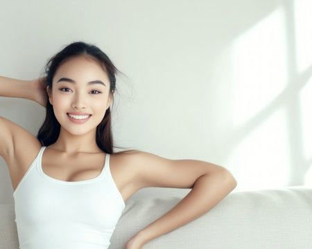 Embrace weekend serenity with this image of a happy woman stretching on her couch, enjoying a relaxing morning Capture the essence of leisure, comfort, and peaceful beginnings Perfect for projects focused on self-care, home comfort, and wellbeing, this cheerful portrait inspires relaxation and a delightful weekend experience AI Generativeの素材