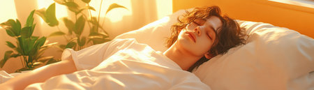 A vulnerable young man lies exhausted on a bed in quarantine, warm light emphasizing his solitude The image poignantly captures the mental health struggles of isolation, depression, and social distancing during a global crisis Disheveled bedding and a weary expression symbolize the challenges faced, resonating with anyone battling similar emotions AI Generativeの素材