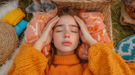 A young woman grapples with the throbbing pain and anxiety of painful periods The image captures her clutching her head and stomach, highlighting the physical and emotional distress of PMS It's a realistic portrayal of the challenges faced during menstruation, showcasing vulnerability and the search for relief from both physical AI Generativeの素材