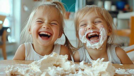 A photograph captures two young sisters sharing milk and laughter at a messy kitchen table The heartwarming image radiates pure childhood joy and the beauty of sisterhood Their bond, forged in simple pleasures, echoes sweet innocence It's a testament to family happiness and finding joy in everyday moments, a truly AI Generativeの素材