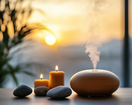Escape to serenity in your own meditation corner Soft aromas from a diffuser blend with warm candlelight and calming stones, fostering relaxation and inner peace This tranquil space is designed for mindfulness, stress relief, and self-reflection Embrace the harmonious ambiance and nurture your well-being through peaceful contemplation Find your zen AI Generativeの素材