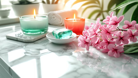 Transform your space into a serene sanctuary with healing gemstones, soft candlelight, and fragrant lilacs Experience calming crystal rituals, revitalizing aura cleansing on marble, and the art of self-care through aromatherapy Embrace nature's beauty and energy's power to create relaxation and tranquility Discover wellness through crystal healing and soothing scents AI Generativeの素材