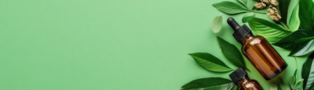 Embrace radiant skin with this image showcasing natural skincare oils and herbs in glass jars against a lush green backdrop It embodies holistic beauty, sustainable wellness, and clean beauty rituals, perfect for blogs and social media Unveil the power of botanical remedies and elevate your marketing with this visually compelling AI Generativeの素材