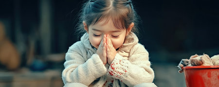 Evoke faith with a child's praying hands against a dark backdrop These high-resolution images capture innocence, devotion, and spiritual connection Ideal for illustrating religion, hope, and inner peace, these visuals convey unwavering belief Resonate with your audience through this powerful symbol of the human experience AI Generativeの素材