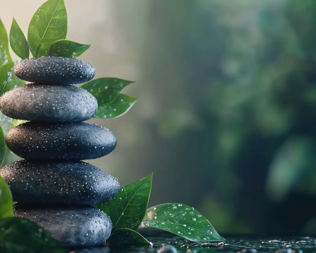 Find inner peace with Zen Stones and Leaves against a tranquil spa backdrop Glistening water droplets enhance the serene atmosphere, perfect for meditation and holistic wellness Indulge in the soothing ambiance, promoting relaxation and balance amidst nature's beauty Capture the essence of wellness and create your peaceful retreat today AI Generativeの素材