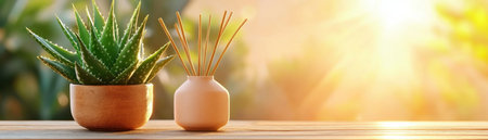 Transform your home into a serene oasis This scene showcases a reed diffuser and aloe vera on a wooden table in a bright living room, promoting natural serenity indoors Embrace minimalist decor and fresh aromas Enhance your lifestyle by creating a mindful environment through indoor plants and aromatic bliss AI Generativeの素材