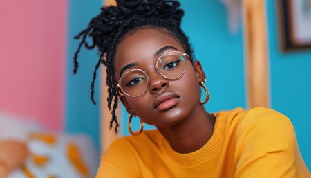 These images depict a Black woman's solitary struggle with depression at home They convey the loneliness, emotional burden, and quiet despair of mental health challenges, particularly within the African American community The powerful visuals aim to foster awareness, empathy, and understanding of this often-invisible battle The photographs capture solitude, isolation, AI Generativeの素材