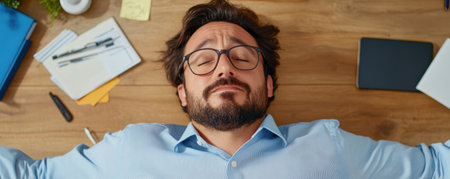 Achieve inner peace and boost productivity by embracing mindfulness at work! See a successful Hispanic businessman meditating, demonstrating stress reduction and enhanced well-being Prioritize employee mental health for a balanced professional life, reducing burnout Integrate mindful meditation practices to elevate your corporate environment and optimize your company's wellbeing strategy AI Generativeの素材