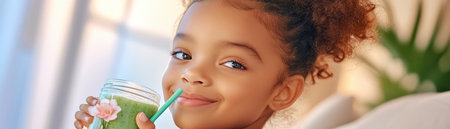 Elevate your visuals with this stock photo showcasing a young African American woman embracing a healthy, sustainable lifestyle In a stylish loft, she sips green juice with a bamboo straw, embodying well-being and eco-consciousness This vibrant image perfectly fuses modern urban living with healthy choices Download now and enhance your AI Generativeの素材