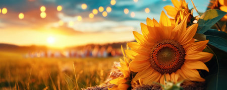Experience "Golden Sunflower Dreams," a captivating scene where a sharply focused sunflower meets a spiritual gathering bathed in warm sunset hues Discover nature's beauty interwoven with human connection, finding peace and inspiration in this vibrant landscape Celebrate community, hope, and togetherness as golden hour light illuminates this moment of harmony AI Generativeの素材