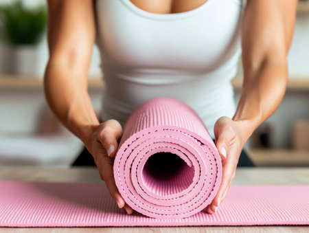 A radiant woman folds her yoga mat, basking in post-workout serenity after a home exercise session This photograph captures the essence of healthy living, demonstrating dedication to wellbeing and the joy of achieving fitness goals She exudes positive energy and contentment, showcasing the beautiful fusion of a workout, inner peace, AI Generativeの素材