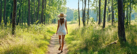 Find serenity with nature therapy A woman reclaims mental wellbeing in a lush forest, embracing peace and fresh air Outdoor therapy offers mindful moments surrounded by trees and sunlight Explore nature's therapeutic benefits for solace, calm, and rediscovering joy Nature walks can heal your mind AI Generativeの素材
