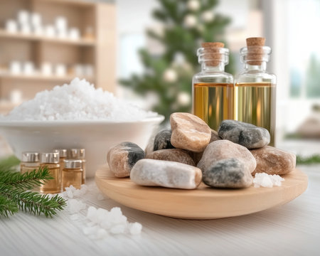 Find serenity with this minimalist spa flat lay Massage stones, essential oils, and sea salt rest on a white wooden table, evoking tranquility and self-care Discover mindful living through elegant aesthetics, capturing the essence of a calming spa experience Elevate your wellness journey and immerse yourself in spa bliss AI Generativeの素材