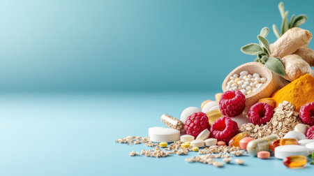 Elevate your well-being with nature's finest on a calming blue backdrop Explore superfoods like vibrant berries, golden turmeric, and nutrient-rich spirulina Discover essential omega capsules, immune-boosting vitamin C, and potent medicinal herbs Enhance your diet with natural supplements and wellness products, unlocking a healthier and more vibrant you Embrace holistic AI Generativeの素材