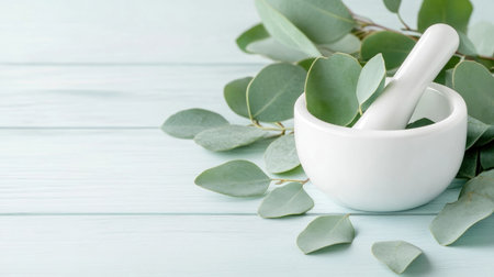 Embrace nature's healing touch with this image of fresh Eucalyptus and a mortar and pestle Discover natural skincare, holistic wellness, and traditional remedies Evoking mindful self-care, it highlights homemade beauty treatments and the aromatic allure of Eucalyptus essential oils, promoting healthy living with natural beauty and body care ingredients AI Generativeの素材