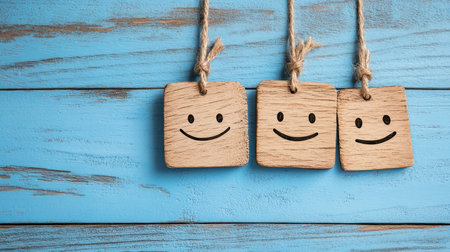 Visually explore customer feedback and mental well-being using a wooden label showcasing happy, neutral, and sad faces This simple tool symbolizes customer experience and mental health assessment, promoting empathy and improved communication Leverage these visual indicators for better user engagement, enhanced business strategies, and personal support AI Generativeの素材