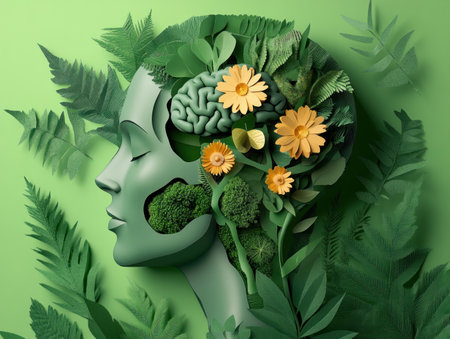 Uncover the beauty of self-care with an image showcasing a floral-filled paper head, symbolizing brain happiness and positive thinking Find inspiration to nurture your mind and soul, fostering inner peace and overall well-being Prioritize your mental and emotional health through this visual celebration of mindfulness, self-love, and the flower power AI Generativeの素材