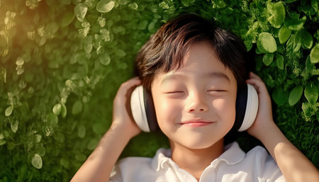 Escape to serenity with this image of a happy man on green grass, lost in music and mindfulness Embrace nature's beauty and the power of relaxation This idyllic scene embodies mindful living and simple pleasures Let calming sounds and lush greenery transport you to pure bliss, connecting you with nature AI Generativeの素材
