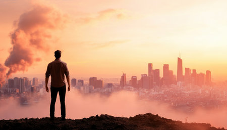 Capture the optimism of tomorrow with this stock photo featuring a futuristic cityscape and a lone figure Symbolizing new beginnings, the image embodies hope, progress, and human aspiration Download now to inspire your audience with this visionary view of innovative architecture and the boundless potential of the future AI Generativeの素材