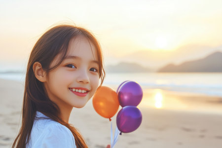 A girl on a sunset beach holds vibrant balloons, embodying joy and emotional well-being The scene captures freedom and happiness, with her smile reflecting the sunset's warmth and hope Balloons symbolize releasing negativity and embracing optimism It inspires inner peace and connection AI Generativeの素材