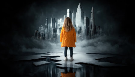 Stand on the precipice of tomorrow in this image of a futuristic city skyline A lone figure symbolizes hope and new beginnings, embodying innovation and aspiration This evocative vision represents growth, progress, and boundless opportunity, illuminating a world where dreams take flight against architectural marvels and unwavering human determination AI Generativeの素材