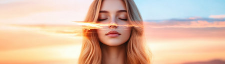 Find inner serenity with this double exposure artwork of a woman meditating at sunrise Nature's beauty merges with introspective thought, symbolizing mindfulness and enlightenment Golden light bathes the scene, representing self-discovery and the harmonious connection between mind, body, and spirit A dreamy, inspirational visual experience exploring psychology and the inner AI Generativeの素材