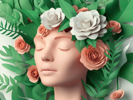 A vibrant paper head blooming with flowers symbolizes brain happiness and mental wellness Explore the power of self-care and positive thinking through this artwork Find inspiration to nurture your inner self, cultivate emotional resilience, and embrace a positive mindset Let this image remind you of the transformative joy of mindful AI Generativeの素材