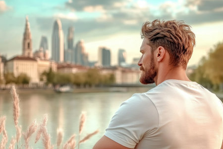 A confident man surveys a city, a visual metaphor for determination and achievement The urban landscape embodies success, ambition, and leadership, inspiring resilience and personal growth It's a beacon of hope illustrating hard work's rewards, strategic thinking, and the spirit of entrepreneurship This image captures triumph, progress, and the realization AI Generativeの素材