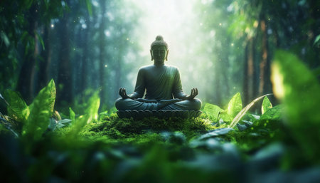 Find inner peace with this tranquil forest meditation scene Embrace the serenity of nature and explore mindfulness to foster psychological safety and mental wellness Connect with the woods to achieve optimal mental and emotional health Discover the benefits of meditation in a forest environment and experience tranquility now AI Generativeの素材
