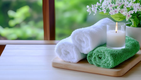 Unwind with a calming spa still life White towels, fragrant lavender oil, and a softly lit perfumed candle rest on warm natural wood, creating a serene atmosphere Perfect for wellness centers or home relaxation, this visual harmony evokes tranquility, self-care, and rejuvenation through soothing scents and peaceful visuals AI Generativeの素材