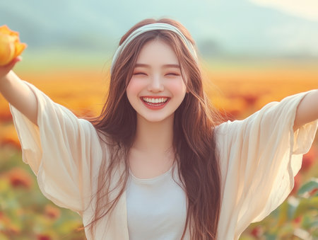 A woman stands in a vibrant meadow, arms raised, embodying pure joy and freedom This captivating image blends the beauty of nature with the human spirit, radiating happiness and tranquility It's a picture-perfect moment of liberation and connection to the earth, inspiring viewers to seek their own serenity, cherish freedom, AI Generativeの素材