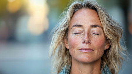 A middle-aged woman finds inner peace through mindful meditation at home Eyes closed, she cultivates tranquility and embraces the present moment Discover the power of this simple practice to enhance wellbeing, promote relaxation, and achieve overall wellness Experience deep peace and calm through mindful living in your personal space AI Generativeの素材