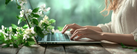 A young, beautiful woman embraces the digital nomad lifestyle, pursuing her entrepreneurial dreams as a remote freelancer Working on essential business tasks with her laptop, she blends productivity with the inspiration of nature Focused and typing away, she embodies location independence and the freedom of remote work in the modern AI Generativeの素材